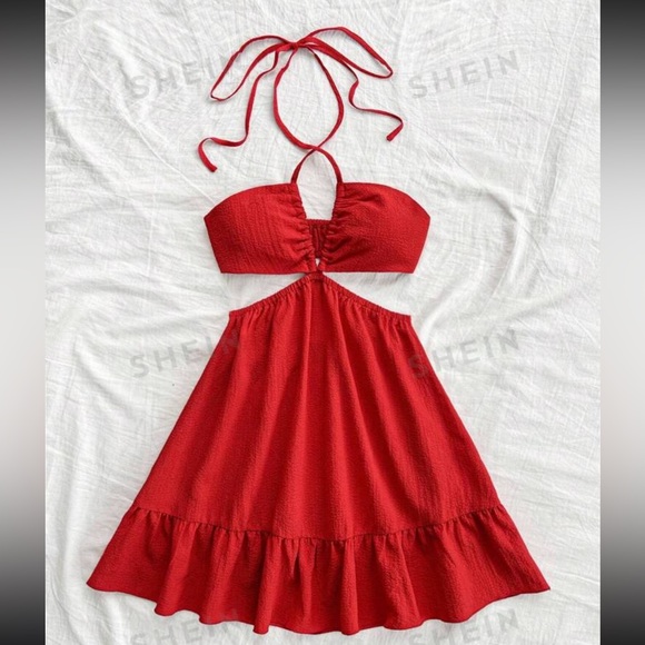 SHEIN Dreamara Red Hollow Out Back Vacation Halter Dress, NEW, Size 8/10 L - Picture 5 of 6